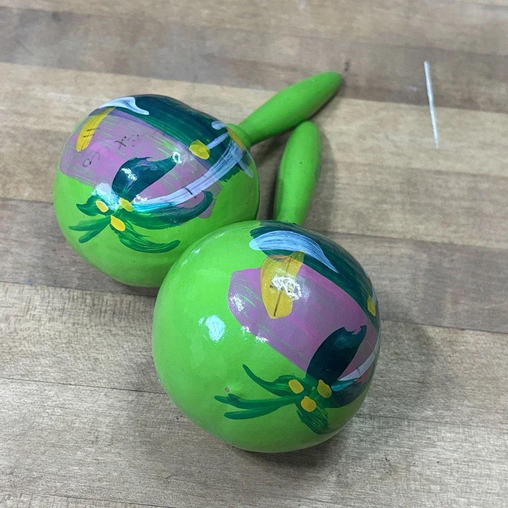 Vintage 1970s Hand Painted Wooden Maracas Green Floral Folk Art Pair
